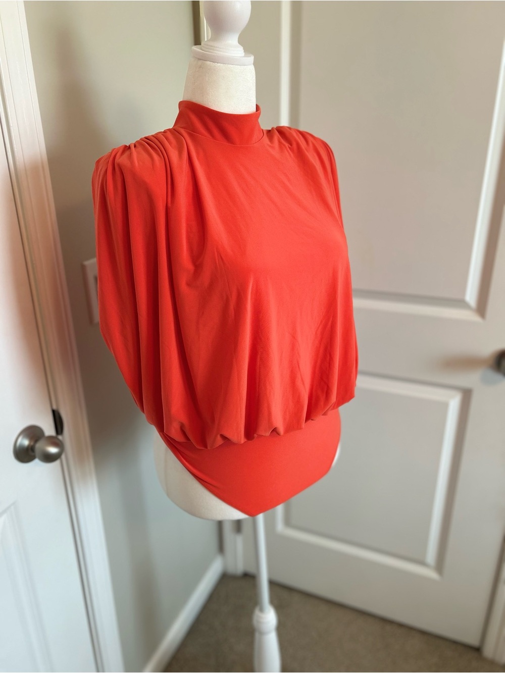 Express Draped High-Neck Orange Open Back Bodysuit
